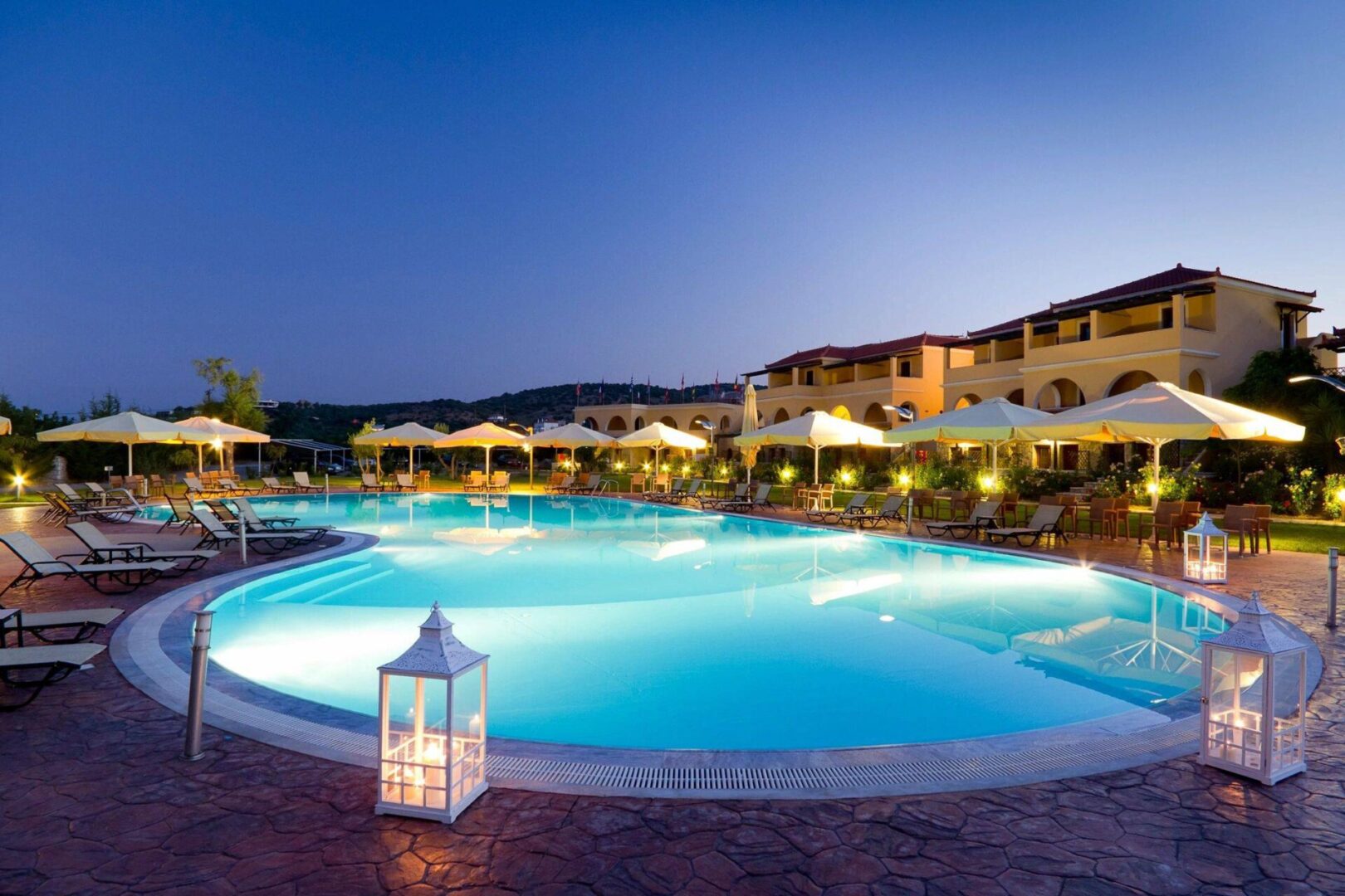 Hotel Swimming Pool in Greece at Dusk.